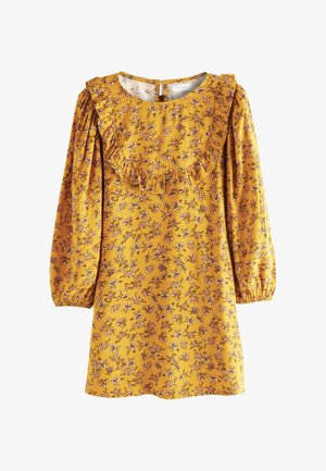 Robe longue à manches longues jaune à motifs floraux avec empiècement à volants et dos boutonné, présentant des motifs de fleurs roses et blanches.