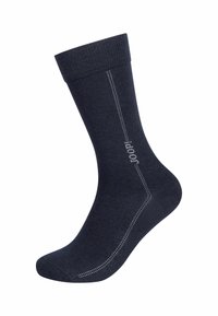 Calzini blu navy con polsino a costine, texture liscia e cuciture a contrasto grigio chiaro. Lunghezza alla caviglia con dettaglio del nome del marchio sul lato.