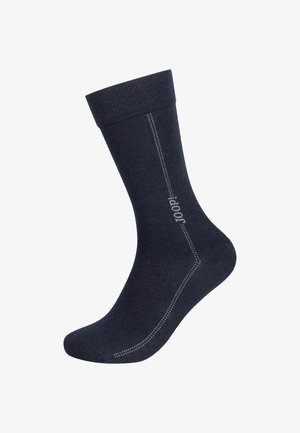 Dunkelblaue Socken mit geripptem Bündchen, glatter Textur und kontrastierender hellgrauer Naht. Knöchellänge mit Markennamen-Detail an der Seite.