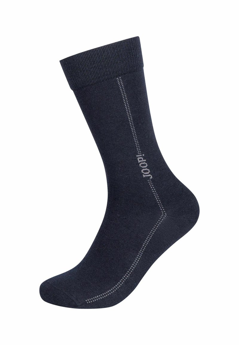 Calzini blu navy con polsino a costine, texture liscia e cuciture a contrasto grigio chiaro. Lunghezza alla caviglia con dettaglio del nome del marchio sul lato.