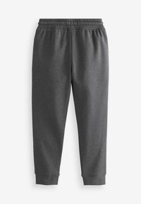 Graue Sweatpants aus weichem Stoff mit elastischem Bund und Bündchen. Das Design ist einfach, ohne sichtbare Muster oder Verzierungen.