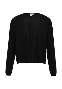 Cardigan noir en tricot avec une coupe décontractée, devant ouvert, manches longues et ourlet côtelé. Le tissu semble doux et texturé.