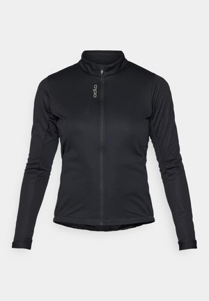 Schwarze langärmlige Zip-Jacke aus glattem, dehnbarem Material. Verfügt über einen hohen Kragen und dezente Markenkennzeichnung auf der Vorderseite.