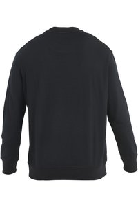 Schwarzer Pullover mit Rundhalsausschnitt, langen Ärmeln sowie elastischen Bündchen und Saum. Glatte Textur mit einem schlichten, ungeschmückten Design.