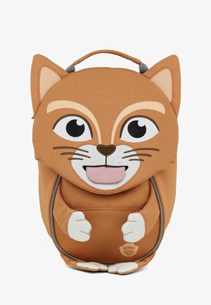 Brown fabric backpack shaped like a cartoon animal face with oversized eyes and ears. Features a front pocket and a flexible handle.
