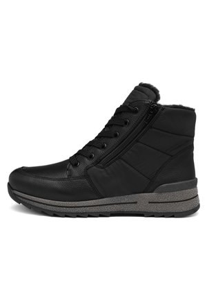 Black high-top winter boot with side zipper, lace-up front, padded collar, and textured gray sole, designed for cold weather.