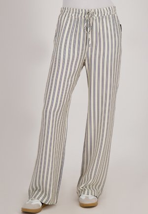Gestreepte broek met wijde pijpen in crèmekleur en marineblauw, voorzien van een elastische tailleband met een trekkoord, textuurstof en een casual pasvorm.