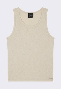 Débardeur beige avec un motif tricoté texturé, encolure ronde et sans manches. Doté d'un petit accent en métal au niveau de l'ourlet.