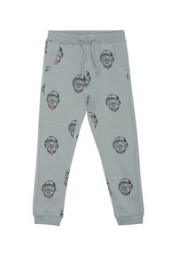 Hellegraue Jogginghosen aus weichem Material, mit einem Allover-Druck von Affengesichtern, die Hüte tragen. Sie haben gerippte Bündchen und einen elastischen Bund.