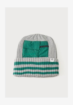 Bonnet gris en maille côtelée avec un revers rayé vert et gris, doté d'une poche en tissu verte et d'une petite étiquette avec un visage de panda.