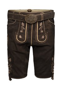 Bruine leren shorts met ingewikkelde bloemenborduursels in lichtbruin. Heeft een brede riem met een decoratieve gesp en zijzakken.