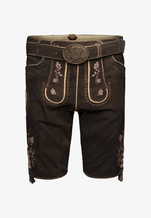Pantalones cortos de cuero marrón con intrincados bordados florales en marrón claro. Presenta un cinturón ancho con una hebilla decorativa y bolsillos laterales.