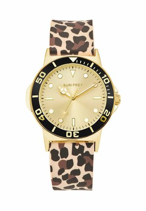 Gold-tone round watch with black numbered bezel, beige dial, and leopard print silicone strap showing brand name Suri Frey.