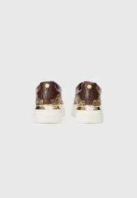 Brown textured leather sneakers with gold accents, featuring a patterned midsole and a padded collar for support. White rubber sole.