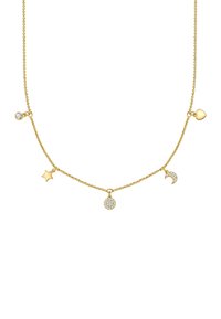 Auksinės spalvos karoliai su subtilia grandinėle ir penkiais pakabukais: širdis, žvaigždė, mėnesienos forma ir du apvalūs formatai, iš kurių vienas papuoštas cirkoniais.