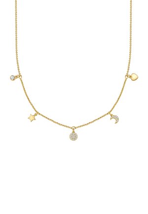 Zelta toņa kaklarota ar delikātu ķēdīti, kas rotāta ar pieciem piekariņiem: sirds, zvaigzne, pusmēness un divi apaļi formi, no kuriem viens ir rotāts ar rhinestones.