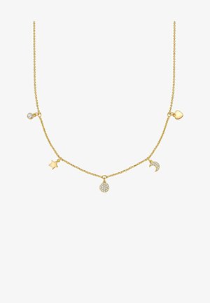 Ogrlica u zlatnoj boji koja se sastoji od delikatnog lanca sa pet privjesaka: srcem, zvezdom, polumesecem i dva kružna oblika, od kojih je jedan ukrašen rhinestones-ima.