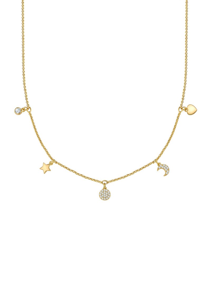 Auksinės spalvos karoliai su subtilia grandinėle ir penkiais pakabukais: širdis, žvaigždė, mėnesienos forma ir du apvalūs formatai, iš kurių vienas papuoštas cirkoniais.