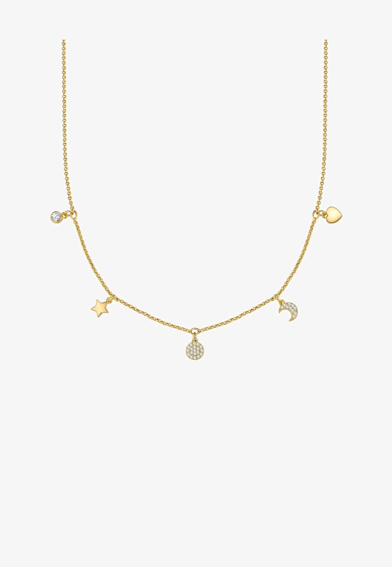 Auksinės spalvos karoliai su subtilia grandinėle ir penkiais pakabukais: širdis, žvaigždė, mėnesienos forma ir du apvalūs formatai, iš kurių vienas papuoštas cirkoniais.