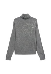 Pullover grigio a collo alto realizzato in maglia, con un design decorativo di strass sulla parte frontale. Maniche lunghe e vestibilità rilassata.