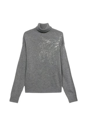 Grauer Rollkragenpullover aus Strickmaterial, mit einem dekorativen Design aus Strasssteinen auf der Vorderseite. Lange Ärmel mit einem lockeren Schnitt.
