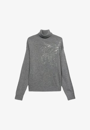 Grauer Rollkragenpullover aus Strickmaterial, mit einem dekorativen Design aus Strasssteinen auf der Vorderseite. Lange Ärmel mit einem lockeren Schnitt.