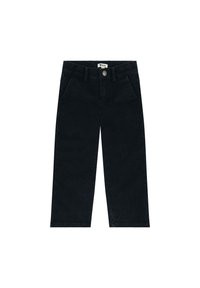 Pantaloni in velluto a coste neri con taglio dritto, dotati di due tasche frontali e chiusura con bottone in vita. Tessuto liscio e design minimale.