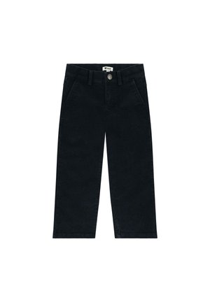 Schwarze Cord-Hosen mit geradem Schnitt, ausgestattet mit zwei frontalen Taschen und einem Knopfverschluss an der Taille. Glatte Textur und minimalistisches Design.