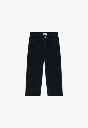 Schwarze Cord-Hosen mit geradem Schnitt, ausgestattet mit zwei frontalen Taschen und einem Knopfverschluss an der Taille. Glatte Textur und minimalistisches Design.