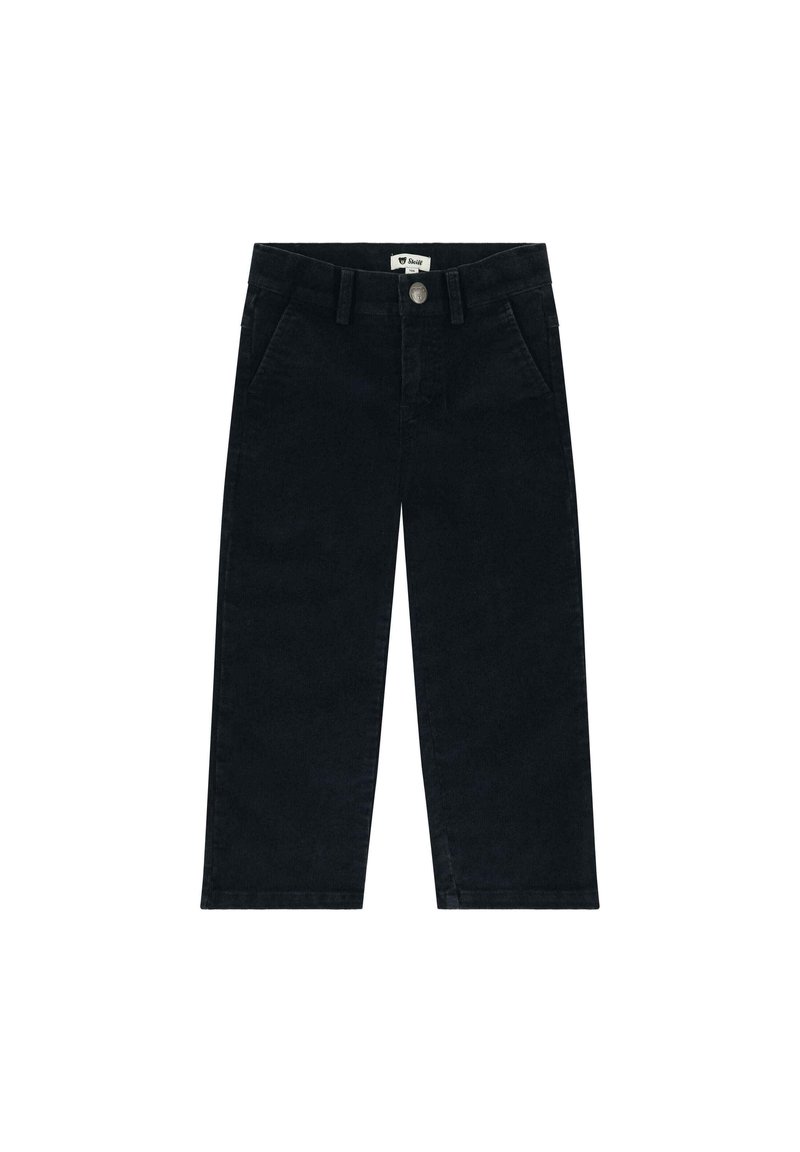 Pantaloni in velluto a coste neri con taglio dritto, dotati di due tasche frontali e chiusura con bottone in vita. Tessuto liscio e design minimale.