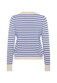 Striped sweater in beige and blue, featuring long sleeves, a round neck, and a fitted design. Smooth texture with ribbed cuffs.