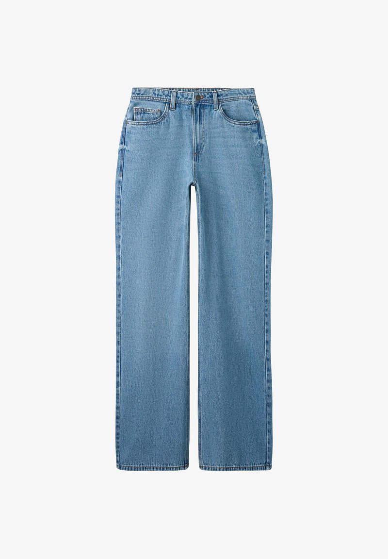 Vaqueros de corte recto en azul claro con cinco bolsillos, trabillas para cinturón y cierre de botón y cremallera en la cintura.