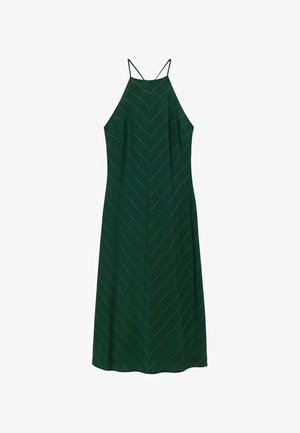 Zelené halter šaty s priliehavým telom a rozšíreným lemom. Vybavené vertikálnymi bielymi chevronovými pruhmi a tenkými ramienkami. Hladká textúra látky.