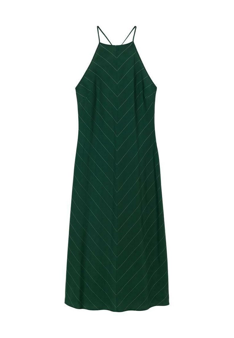 Grünes Neckholder-Kleid mit taillierter Oberseite und ausgestelltem Saum. Verfügt über vertikale weiße Zickzackstreifen und dünne Träger. Glatter Stofftextur.