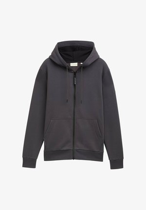 Grå lynlås-hoodie med hætte, forlommer og snoretræk. Fremstillet af tekstureret stof, med en let afslappet pasform og manchetter.