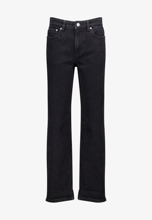 Musta farkkuhousut, joissa on suora lahjesuunnittelu. Housuissa on viisi taskua, nappisuljenta ja erottuvat tikkaus saumoissa.