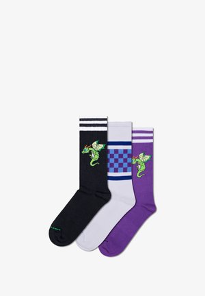 Three pairs of socks: black with a green dragon, white with a blue checkered pattern, and purple, each featuring striped details at the top.