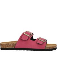 Roze suede slipper sandaal met twee verstelbare gespen, kurken tussenzool en gestructureerde zwarte rubberen zool. Open teen ontwerp.