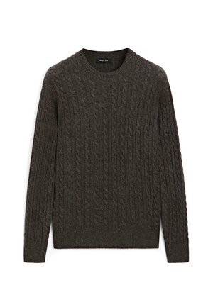 Maglione lavorato a maglia marrone scuro con motivo a trecce a coste, collo rotondo e maniche lunghe. Realizzato in un tessuto morbido e testurizzato.