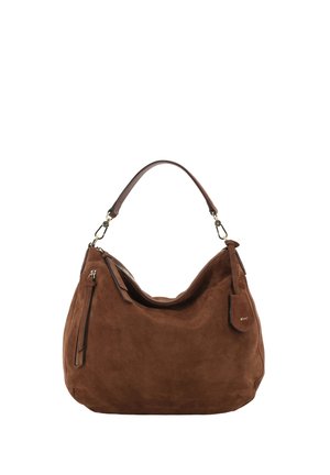 Brown suede shoulder bag with single strap, zipper closure on top, and small zippered pocket on the side.