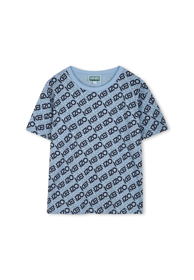 T-shirt à manches courtes bleu clair avec un motif répétitif du logo noir "KENZO", col rond et texture douce.