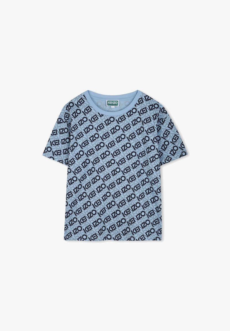 T-shirt à manches courtes bleu clair avec un motif répétitif du logo noir "KENZO", col rond et texture douce.