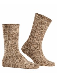 Ein Paar mittelhohe braune und beigen melierte Strickwollsocken mit geripptem Muster auf einem weißen Hintergrund.