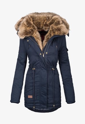 Marineblaue Parka mit einer Kapuze aus Kunstfell, goldenen Hardware-Elementen, verstellbaren Kordelzügen in der Taille und seitlichen Taschen.