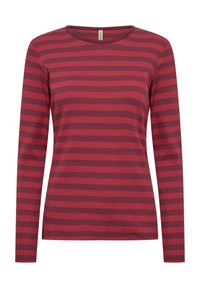 Long-sleeved, crew-neck shirt with a horizontal striped pattern in dark red and maroon. Made of ribbed fabric with a smooth texture.