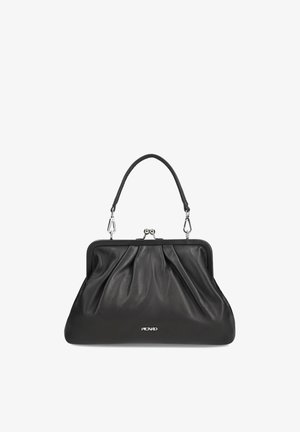 Black leather handbag with a gathered design, silver clasp closure, single strap handle, and small silver Picard logo on front.