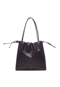 Borsa tote in pelle nera con coulisse, dalla texture morbida, due manici lunghi e una forma rilassata, con cuciture visibili e un logo discreto.