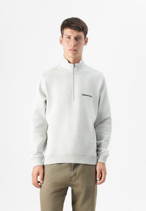 En ung mann står mot en hvit bakgrunn, iført en lys grå hettegensere med glidelås og beige bukser. Uttrykket hans er nøytralt.