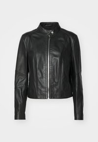 Svart läderjacka med en kortad design, hög krage och framzip.