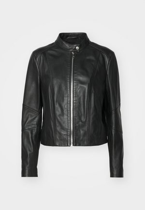 Schwarze Lederjacke mit cropped Design, hohem Kragen und Frontreißverschluss. Sie verfügt über elegante Nähte und strukturierte Paneelakzente.